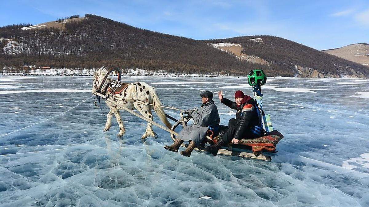 Khuvsgul-See: Die Street-View-Kamera am Pferdeschlitten 