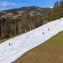 Ein Bild, das man im Februar 2024 öfter sah: Nur noch ein schmales Schneeband dient als Skipiste, wie hier von der Hohen Salve nach Hopfgarten im Brixental