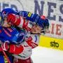 VILLACH,AUSTRIA,04.MAR.25 - ICE HOCKEY - ICE Hockey League, play off quarterfinal, Villacher SV vs HCB Suedtirol. Image shows Maximilian Rebernig (VSV) and Barden Christoffer (Bozen). Keywords: fight. 
Photo: GEPA pictures/ Matthias Trinkl