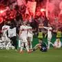 Stuttgart players celebrate winning the German Cup (DFB Pokal) semi-final football match between VfB Stuttgart and RB Leipzig in Stuttgart, southwestern Germany on April 2, 2025. (Photo by THOMAS KIENZLE / AFP) / DFB REGULATIONS PROHIBIT ANY USE OF PHOTOGRAPHS AS IMAGE SEQUENCES AND QUASI-VIDEO.