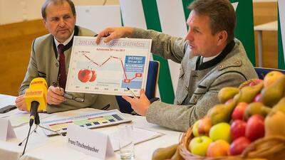 Werner Brugner und Franz Titschenbacher zeigen den Verlauf der Erntemengen beim Apfel