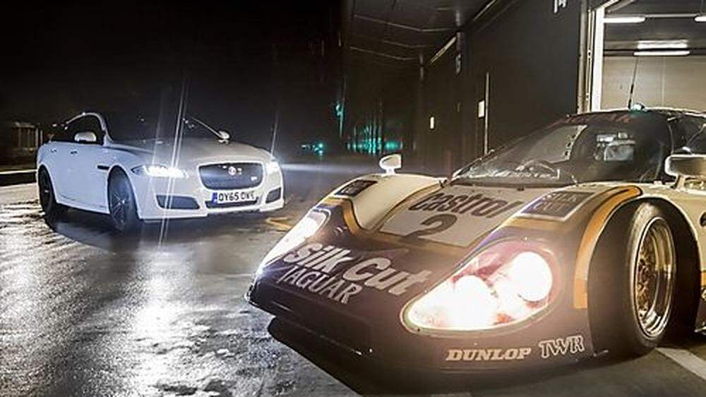 Großkatzentreffen bei Nacht: der neue Jaguar XJ und der Le-Mans-Sieger XJ-R9