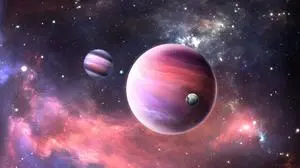 Extrasolar planets with atmosphere and moon. 3D illustration