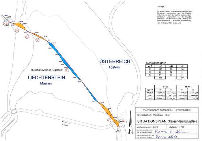 Auszug aus dem Begutachtungsentwurf: Österreich würde die orangefarbenen Flächen erhalten, Liechtenstein die blauen