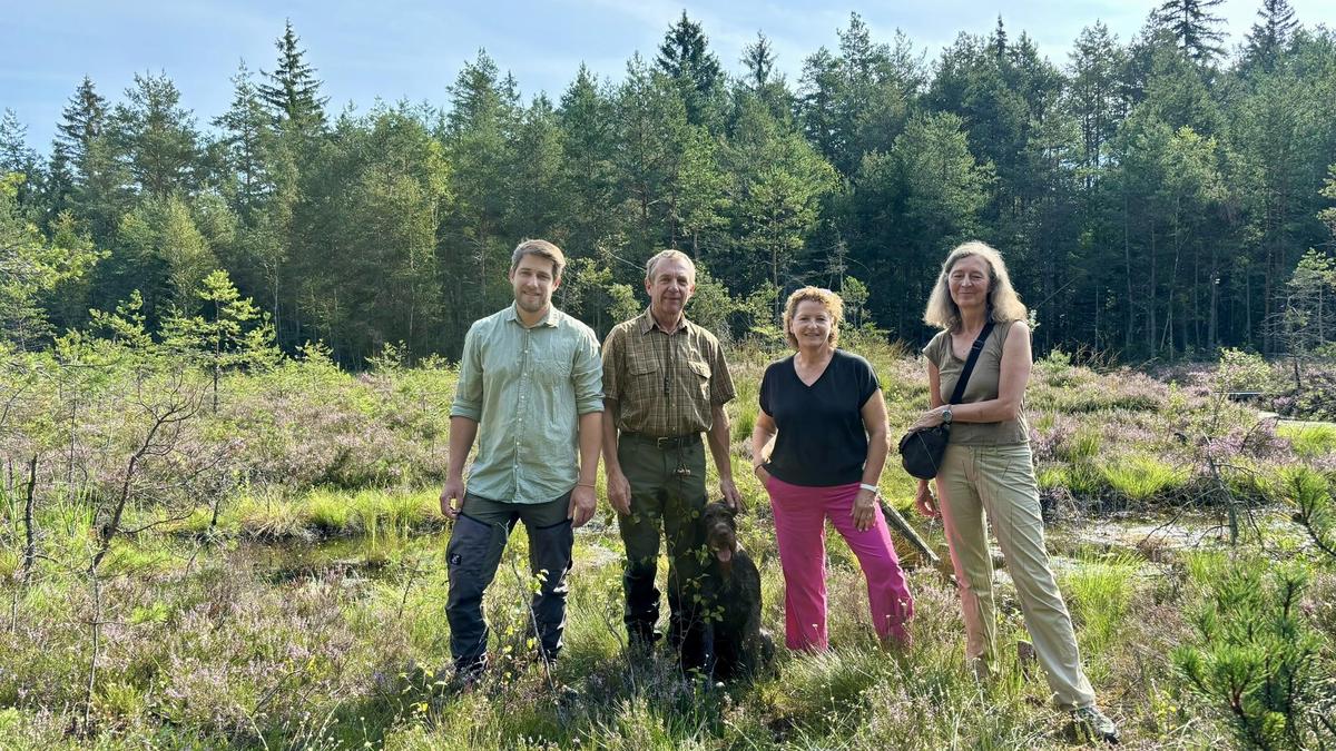 Lokalaugenschein im Naturschutzgebiet Gamperlacke mit (v. l.) den Grundbesitzern Hubert und Willibald Goldberger, Landesrätin Ursula Lackner und Karin Hochegger vom Naturschutzbund Liezen