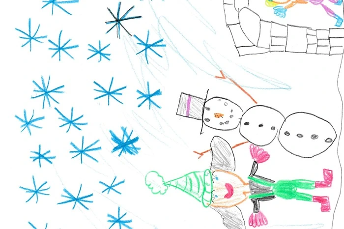 Marlen Klein aus Haselbach bei Kapfenstein freut sich schon auf den Winter. Auf ihrer Adventzeichnung sieht man sie mit Freunden einen Schneemann und ein Iglu bauen