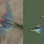 Links der "Tarnkappenbomber" über Missouri, rechts die Eurofighter nach dem Start in Zeltweg