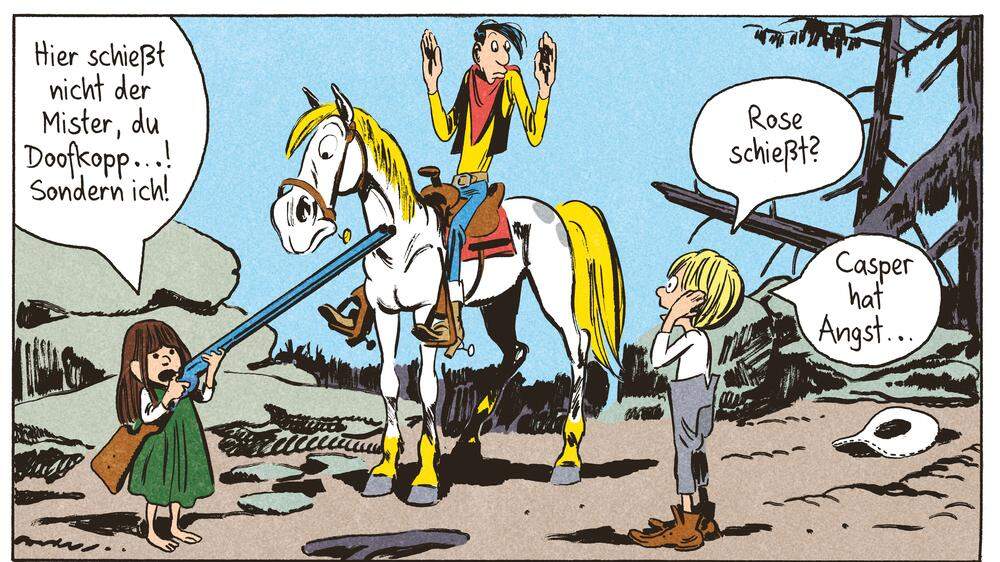 Rose bedroht Lucky mit dem Karabiner, Casper hat Angst - der sechste Band einer Hommage-Reihe rund um Westernheld Lucky Luke