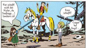 Rose bedroht Lucky mit dem Karabiner, Casper hat Angst - der sechste Band einer Hommage-Reihe rund um Westernheld Lucky Luke