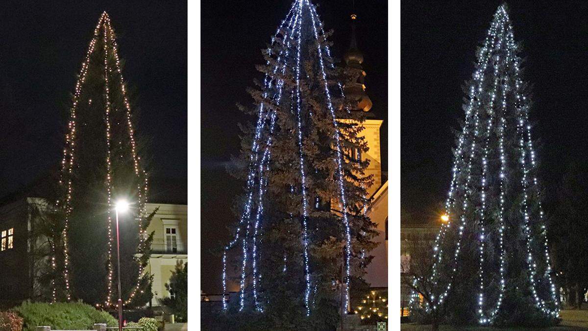 Von links: Der Christbaum bei der Firma Wit, jener in St. Marein und in Frantschach