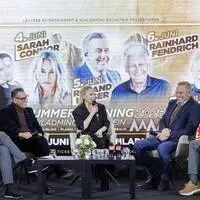 Präsentation am Freitagmittag: Andreas Keinprecht (TVB Schladming-Dachstein), Klaus Leutgeb, Moderatorin Silvia Schneider, Landeshauptmann Mario Kunasek und Georg Bliem (Planai-Bahnen) 