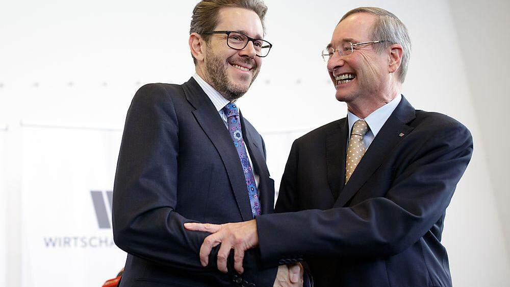 Harald Mahrer und Christoph Leitl bei der Übergabe der Leitung des Wirtschaftsbundes