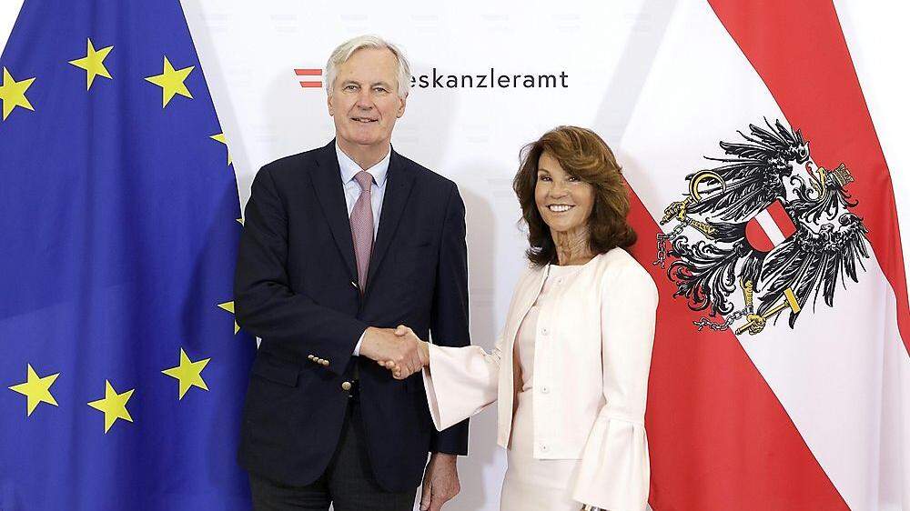 Brigitte Bierlein mit einem ihrer ersten Gäste, Brexit-Chefverhandler Michel Barnier. Heute beginnt in Brüssel der EU-Gipfel