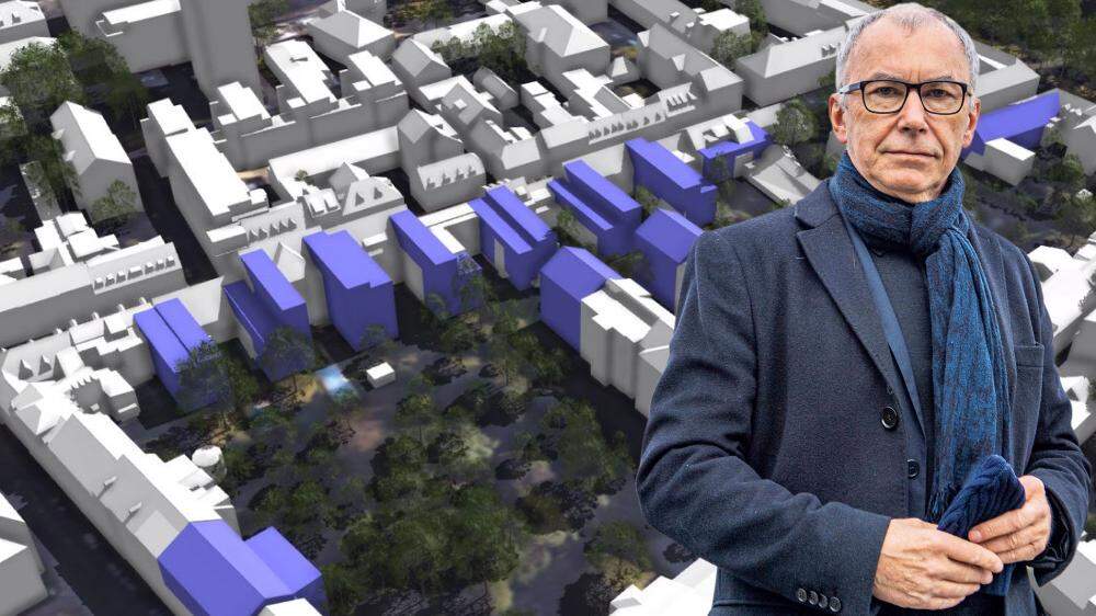 Alfred Bramberger kritisiert den Entwurf für den Bebauungsplan im Univiertel. Blau sind jene Gebäude, die neu gebaut werden könnten