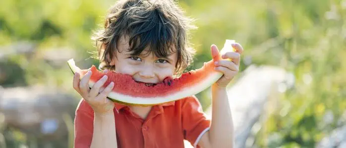 Child smiling outdoors eating watermelon on a sunny summer day model released, Symbolfoto, ANAF05002