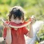 Child smiling outdoors eating watermelon on a sunny summer day model released, Symbolfoto, ANAF05002