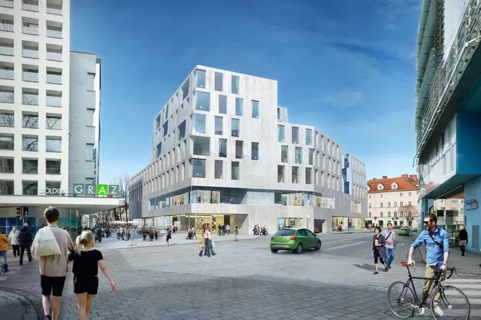 Der Entwurf des Büros Nussmüller nahm die Fassade der Holding-Graz-Zentrale auf.