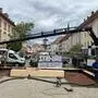 Ein Kran hebt einen Baum auf eine Fläche in der Innenstadt.