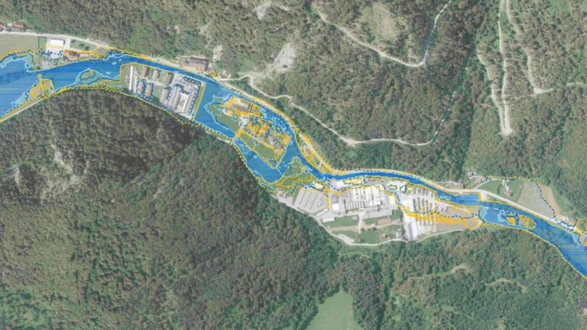 Grafik aus der Planung: Die blau gefärbten Flächen zeigen die Überschwemmungen bei einem theoretischen Jahrhunderthochwasser