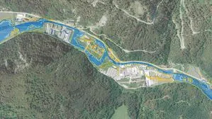 Grafik aus der Planung: Die blau gefärbten Flächen zeigen die Überschwemmungen bei einem theoretischen Jahrhunderthochwasser