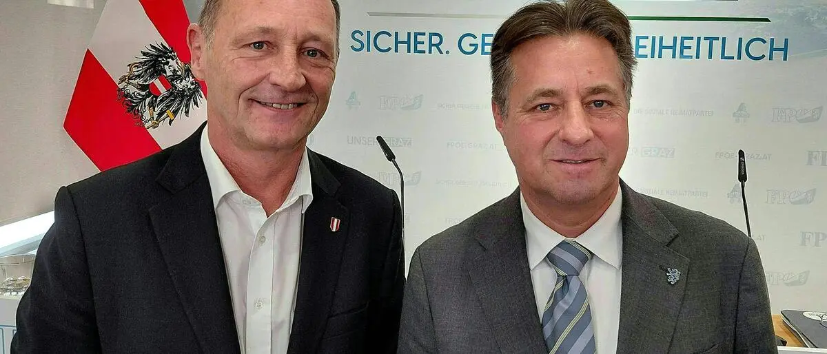 Stadtparteiobmann Axel Kassegger und Spitzenkandidat René Apfelknab (FPÖ)