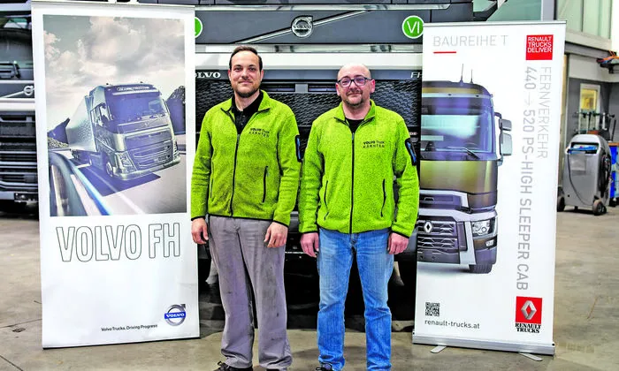Bei der GHM Truck Service GmbH in Ebenthal für Sie da: Werkstattleiter Kfz-Mechanikermeister Martin Hrovat und Lagerleiter Herbert Trattnig (v. l.) 