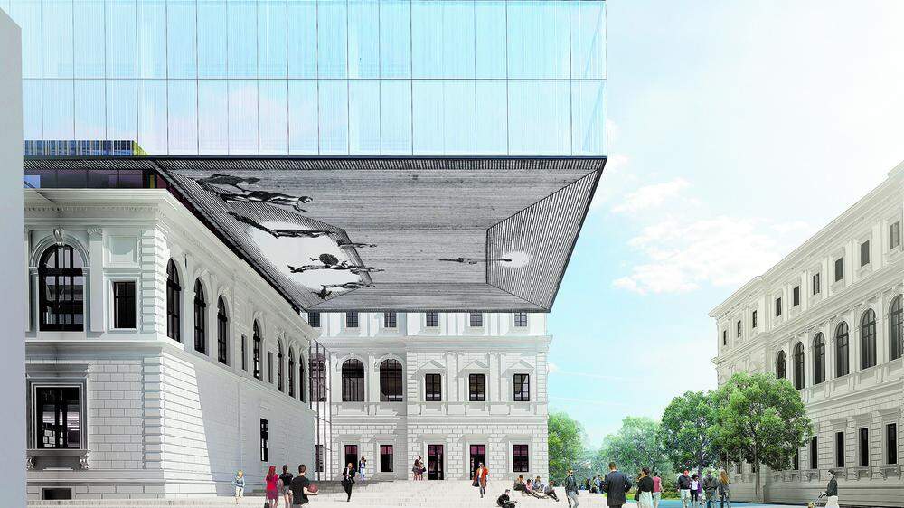 Spektakulär ragt der neue Quader mit Glasfront über dem histori­schen Bibliotheksgebäude