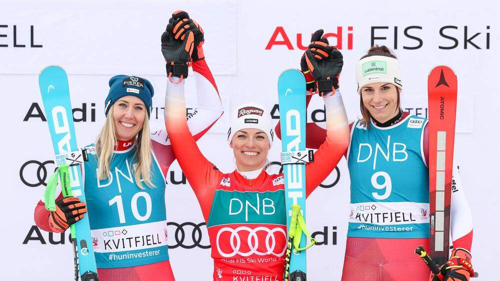 Das Siegerpodest in Kvitfjell: Conny Hütter, Lara Gut-Behrami und Mirjam Puchner (von links) 