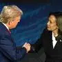US Vice President and Democratic presidential candidate Kamala Harris (R) shakes hands with former US President and Republican presidential candidate Donald Trump during a presidential debate at the National Constitution Center in Philadelphia, Pennsylvania, on September 10, 2024. (Photo by SAUL LOEB / AFP)