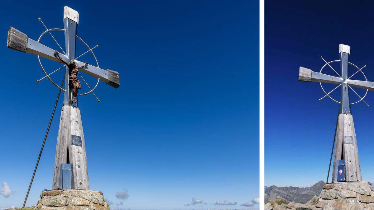 Das Gipfelkreuz auf dem Deneck vor und nach der Tat