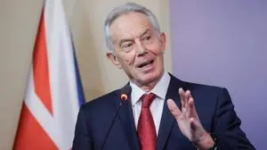 (FILES) Former British prime minister Tony Blair gestures as he speaks during a press conference with Kosovo President following their meeting in Pristina on June 10, 2024. Britain's government Monday, September 29, threw its weight behind US President Donald Trump's new plan to end the war in Gaza after it was presented to Israel and Palestinian militant group Hamas. "We strongly support his efforts to end the fighting, release the hostages and ensure the provision of urgent humanitarian assistance for the people of Gaza. This is our top priority and should happen immediately," Prime Minister Keir Starmer's office said in a statement. (Photo by AFP)