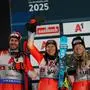 (From L) Switzerland's Thomas Tumler, Switzerland's Wendy Holdener, Switzerland's Delphine Darbellay and Switzerland's Luca Aerni celebrate on the podium after placing second in the mixed team parallel final race of the Saalbach 2025 FIS Alpine World Ski Championships in Hinterglemm on February 4, 2025. (Photo by Dimitar DILKOFF / AFP)