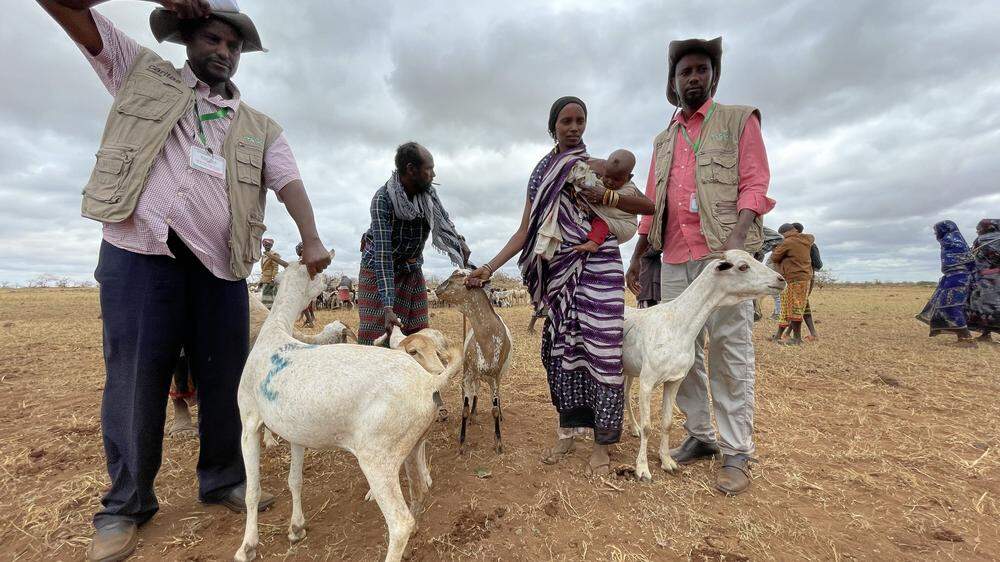 Mit ihrer Tochter Tumi am Arm nimmt Gumato Fugiche im Dorf Demo von Helfern Ziegen und Schafe entgegen