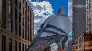 Die sechs Meter hohe Aluminium-Tauben-Skulptur des Bildhauers Iván Argote ist in Manhattan gelandet