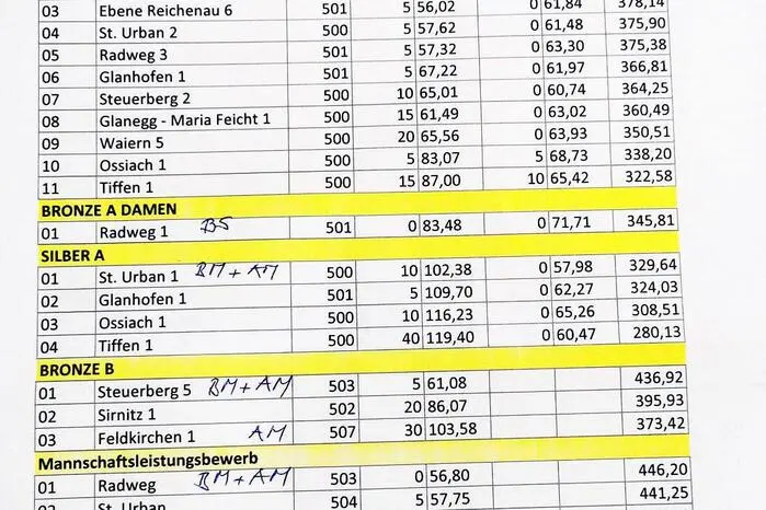 Ergebnisliste: BM = Bezirksmeister, AM = Abschnittsmeister,  BS = Bezirkssieger.