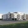 Visualisierung eines Wohnbauprojekts. Im Vordergrund sieht man eine Tiefgarageneinfahrt
