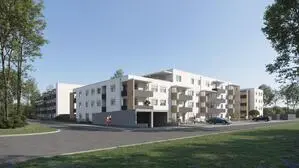 Visualisierung eines Wohnbauprojekts. Im Vordergrund sieht man eine Tiefgarageneinfahrt