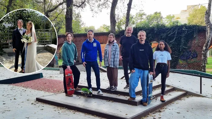 Der neue Skatepark wird an Phil Gosch und Michaela Tritthart erinnern. Großes Foto: Sportstadtrat Kurt Ho­hen­sin­ner, Sportamtsleiter Thomas Rajakovics und Vetreter vom Verein Gräb und vom neuen "Skulture"-Skateshop in der Annenstraße