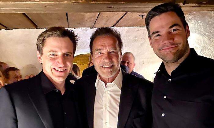Hatten beste Laune: Matthias Mayer, Arnold Schwarzenegger und Vincent Kriechmayr