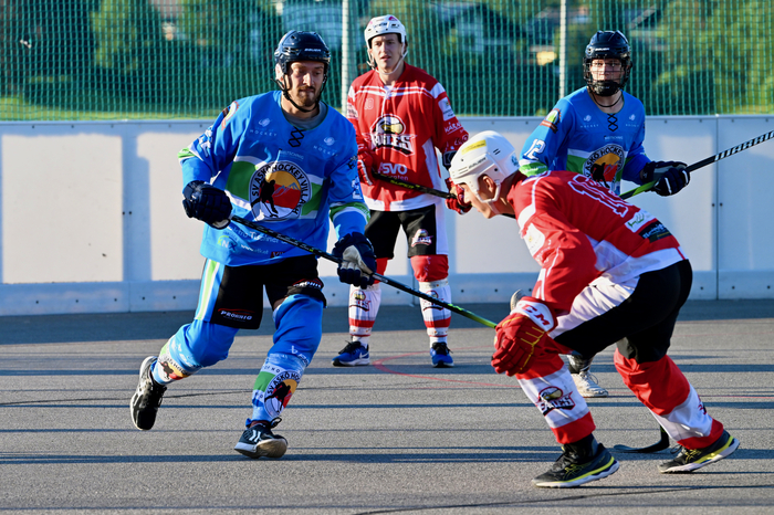 #22 Friedrich Lukas, #12 Malli Nicolas, #18 Steinwender Oliver, #10 Sunitsch Marco, ASKÖ Ballhockey Villach vs. HSC Eagles Poggersdorf, ASKÖ Ballhockey Villach vs. HSC Eagles Poggersdorf am 05.07.2024 in Villach (Alpen Arena ), Austria, (Photo by Bernd Stefan)