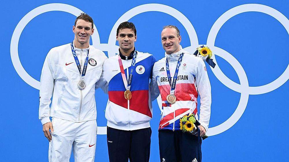 Ryan Murphy (links) mit dem Olympiasieger Jewgeni Rylow und Luke Greenbank