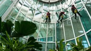 Reinigungsprofis am Werk –  ihr Einsatzort ist oft  hoch oben 
