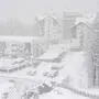 A view of the Rosa Khutor resort during heavy snowfall on March 1, 2019. - Organisers on March 1, 2019 were forced to cancel Saturday's Ladies FIS Alpine Ski World Cup downhill event at Sochi's Rosa Khutor slope due to heavy snowfall. (Photo by Alexander NEMENOV / AFP)