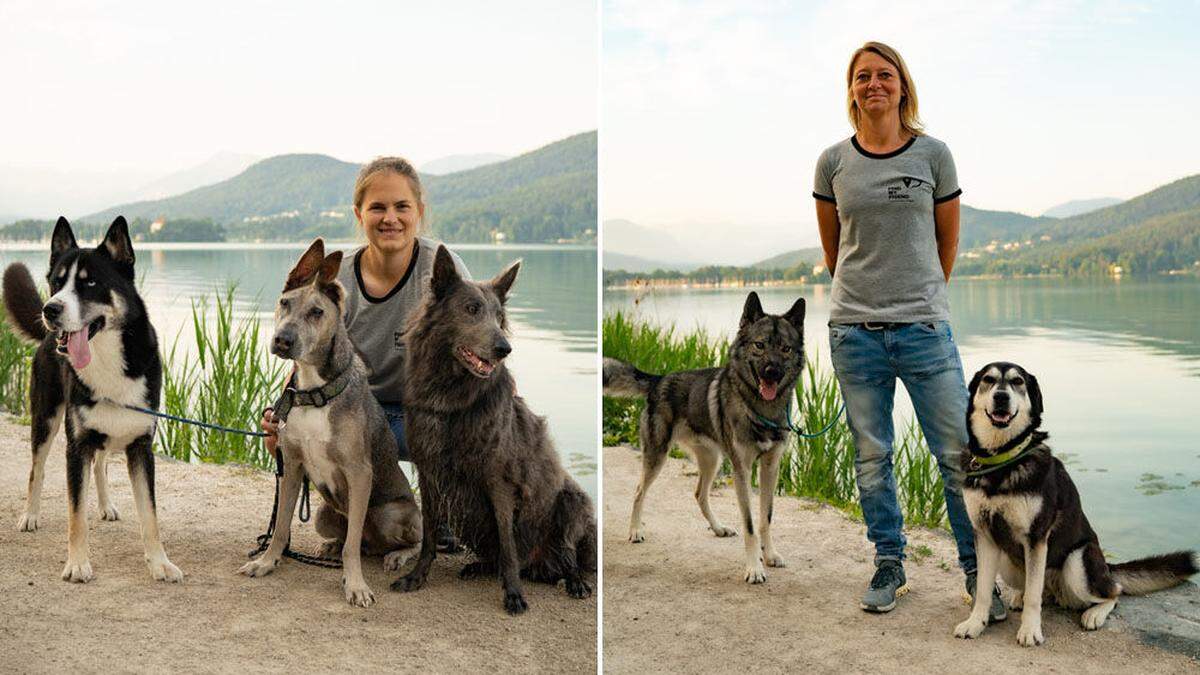 Links: Lisanna Gerjol mit ihren Fellnasen Luna, Nando und Loco. Rechts: Daniela Fanzott mit Fin und Sammie