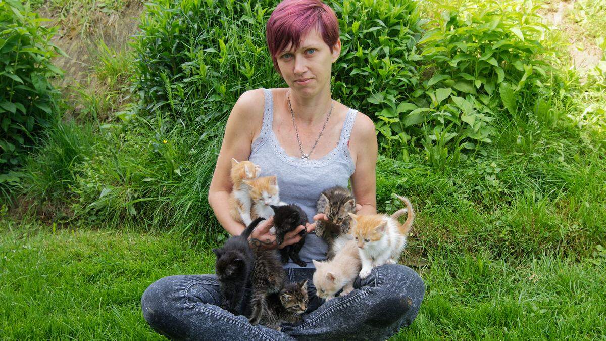 Obfrau Michaela Winter mit einigen Katzen, die vom Verein betreut werden