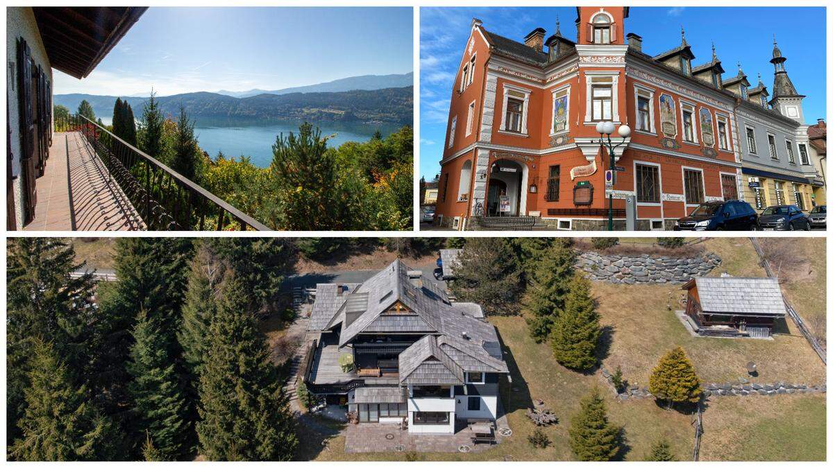 Links oben: Blick auf den Millstätter See von einer Immobilie in Millstatt aus. Unten: Ein Luxushaus direkt an der Skipiste in Kleinkirchheim. Für die Altdeutsche Weinstube (rechts oben) wird ein Pächter gesucht