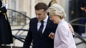French President Emmanuel Macron welcomes European Commission President Ursula von der Leyen before an informal summit of European leaders to discuss the situation in Ukraine and European security at The Elysee Presidential Palace in Paris on February 17, 2025. European leaders were due to meet in Paris on February 17, 2025 to address Washington's shock policy shift on the war in Ukraine, as Britain declared itself ready to dispatch peacekeeping troops to Ukraine. (Photo by Ludovic MARIN / AFP)