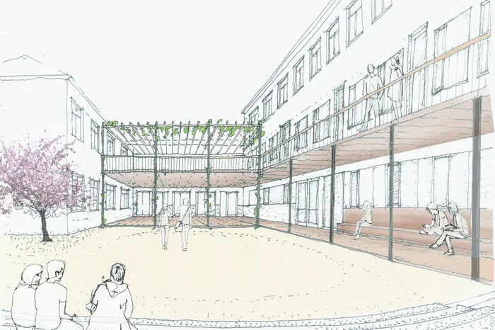 Im Schulhof der NMS kommen Balkone, die auch als teilweise Hofüberdachung dienen.
