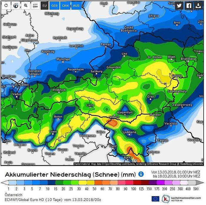 20 bis 30 Zentimeter Schnee könnten laut diesem Prognosemodell in vielen Teilen Österreichs bis Sonntag fallen. In Graz und Klagenfurt etwas weniger, weil es hier zunächst regnet.