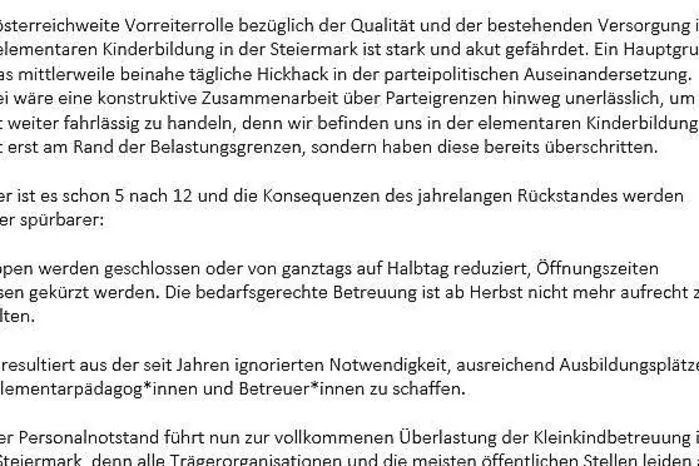 18. Mai 2022: Die privaten Träger Wiki, GIP, „Rettet das Kind Steiermark“ und die Diözese Graz-Seckau warnen in einem offenen Brief vor Schließungen.